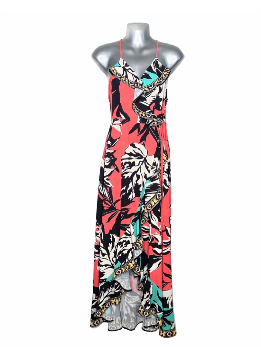 Flying Tomato Tropical Maxi‎ Dress M Coral Wrap Ruffle High Low Halter Back Boho